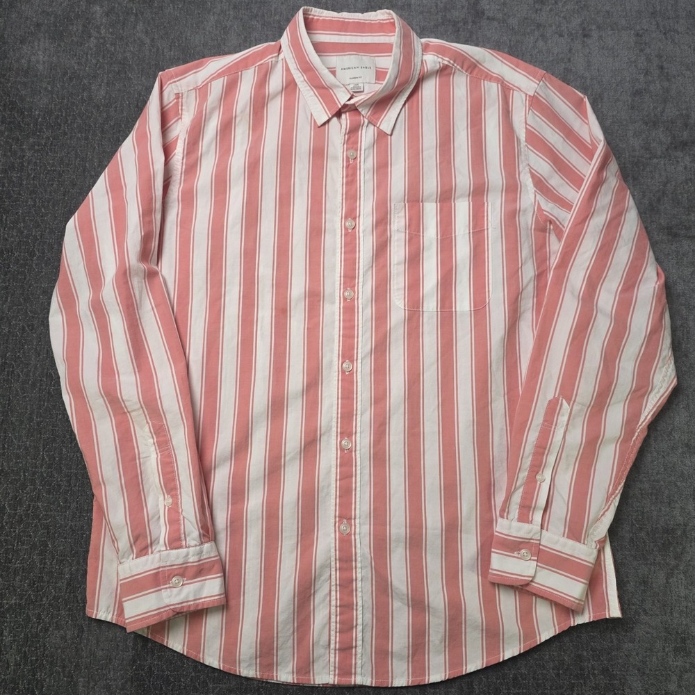 American Eagle Button Up Shirt Mens Large Pink White Striped Cotton Preppy Beach